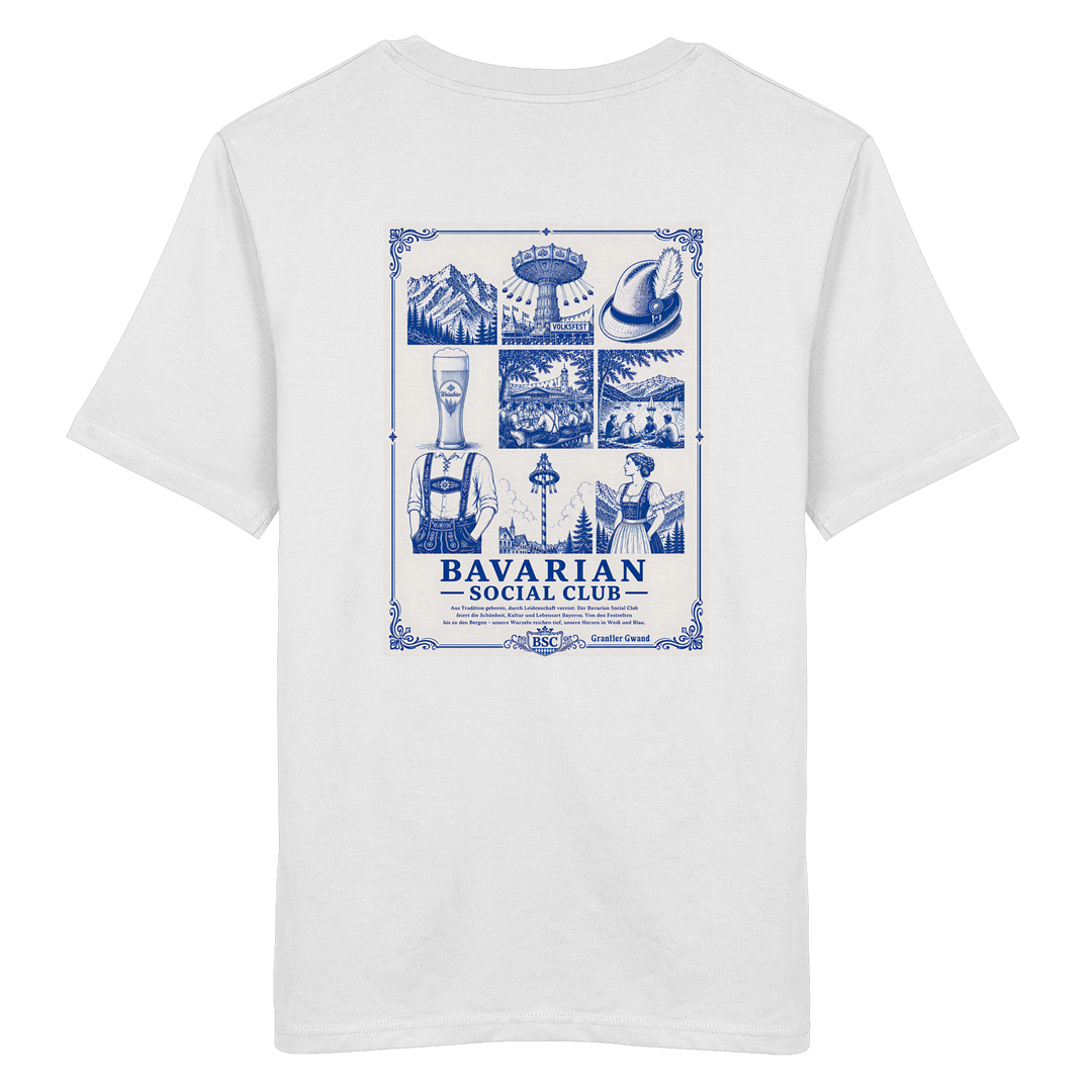 „Weißes Unisex T-Shirt 'Bavarian Social Club' mit blauem Vintage-Backprint und Illustrationen von Alpen, Maibaum, Biergarten, Tracht, Bierglas und bayerischer Landschaft von Grantler Gwand.“