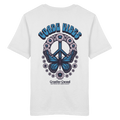 Weißes Unisex T-Shirt mit großem Backprint aus Peace-Zeichen, Schmetterling und Blumen sowie „Guade Vibes“ Schriftzug – hochwertiges Baumwoll T-Shirt im bayerischen Streetwear-Style von Grantler Gwand.