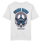 Weißes Unisex T-Shirt mit großem Backprint aus Peace-Zeichen, Schmetterling und Blumen sowie „Guade Vibes“ Schriftzug – hochwertiges Baumwoll T-Shirt im bayerischen Streetwear-Style von Grantler Gwand.