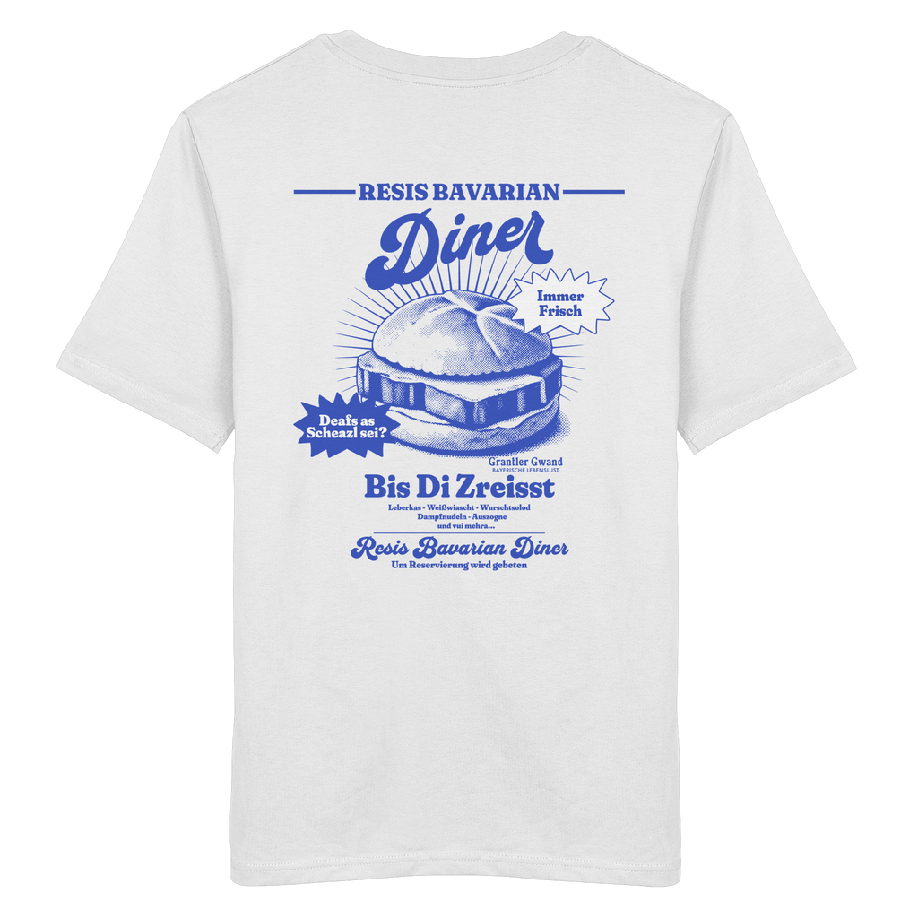 Weißes Unisex T-Shirt mit Backprint „Resis Bavarian Diner“ – bayerisches Streetwear T-Shirt mit Leberkässemmel im Retro-Diner-Design und Vintage-Print von Grantler Gwand.