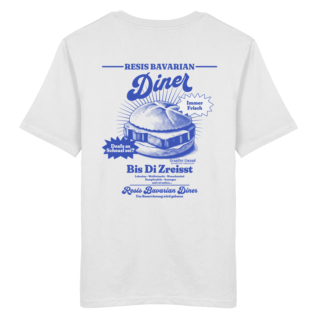 Weißes Unisex T-Shirt mit Backprint „Resis Bavarian Diner“ – bayerisches Streetwear T-Shirt mit Leberkässemmel im Retro-Diner-Design und Vintage-Print von Grantler Gwand.