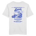 Weißes Unisex T-Shirt mit Backprint „Resis Bavarian Diner“ – bayerisches Streetwear T-Shirt mit Leberkässemmel im Retro-Diner-Design und Vintage-Print von Grantler Gwand.