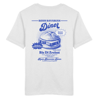 Weißes Unisex T-Shirt mit Backprint „Resis Bavarian Diner“ – bayerisches Streetwear T-Shirt mit Leberkässemmel im Retro-Diner-Design und Vintage-Print von Grantler Gwand.