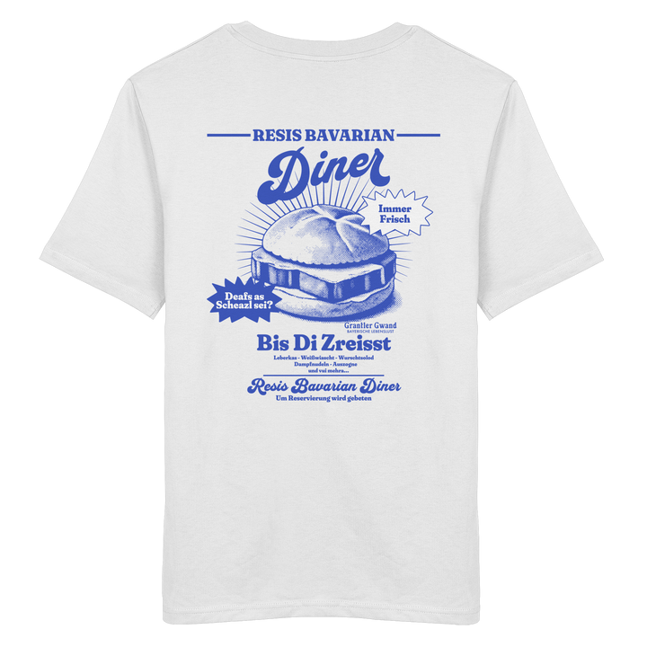 Weißes Unisex T-Shirt mit Backprint „Resis Bavarian Diner“ – bayerisches Streetwear T-Shirt mit Leberkässemmel im Retro-Diner-Design und Vintage-Print von Grantler Gwand.