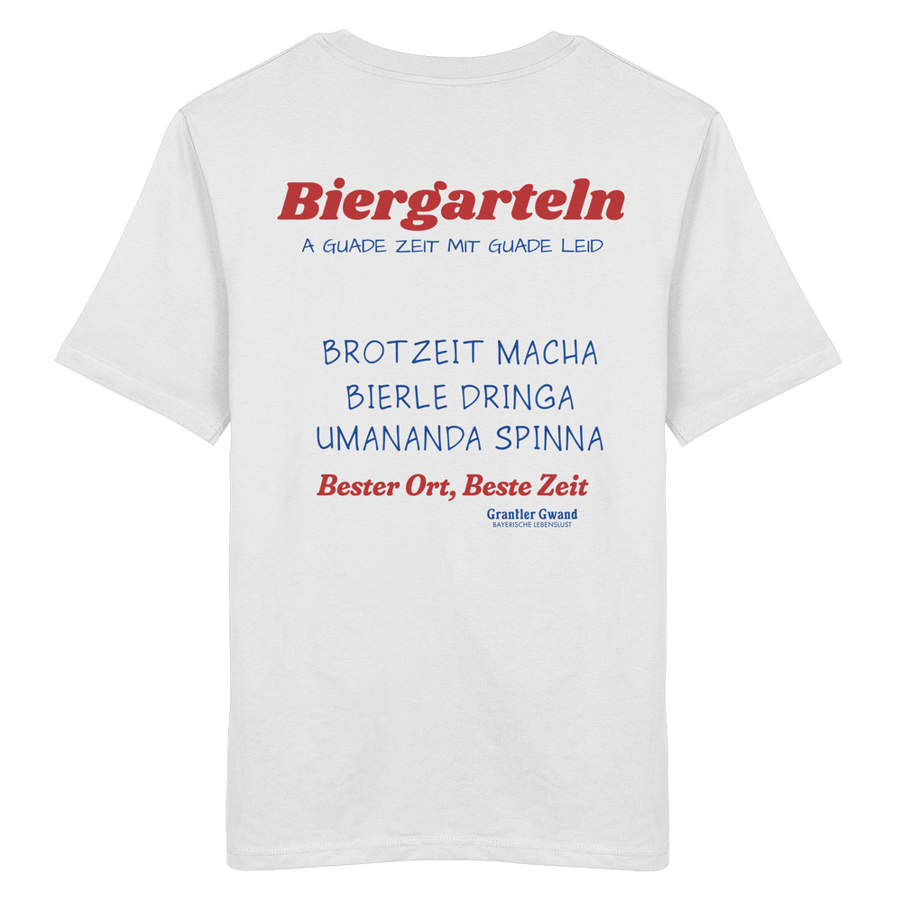 Weißes Unisex T-Shirt mit großem Biergarteln Backprint in Rot und bayerischem Statement „A guade Zeit mit guade Leid“. Hochwertiges Premium-Shirt für Biergarten, Volksfest, Stammtisch und moderne bayerische Streetwear. Designed und bedruckt in Bayern von Grantler Gwand.