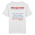 Weißes Unisex T-Shirt mit großem Biergarteln Backprint in Rot und bayerischem Statement „A guade Zeit mit guade Leid“. Hochwertiges Premium-Shirt für Biergarten, Volksfest, Stammtisch und moderne bayerische Streetwear. Designed und bedruckt in Bayern von Grantler Gwand.