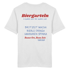 Weißes Unisex T-Shirt mit großem Biergarteln Backprint in Rot und bayerischem Statement „A guade Zeit mit guade Leid“. Hochwertiges Premium-Shirt für Biergarten, Volksfest, Stammtisch und moderne bayerische Streetwear. Designed und bedruckt in Bayern von Grantler Gwand.
