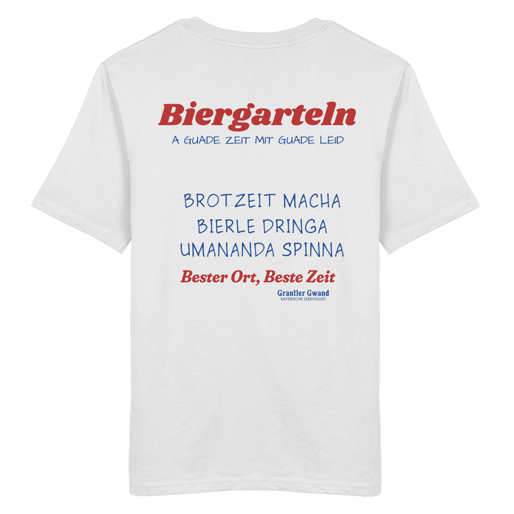 Weißes Unisex T-Shirt mit großem Biergarteln Backprint in Rot und bayerischem Statement „A guade Zeit mit guade Leid“. Hochwertiges Premium-Shirt für Biergarten, Volksfest, Stammtisch und moderne bayerische Streetwear. Designed und bedruckt in Bayern von Grantler Gwand.