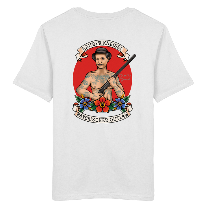 Weißes Räuber Kneissl Unisex T-Shirt mit großem Backprint im Tattoo-Style. Unisex Streetwear Shirt aus 100 % ringgesponnener Baumwolle mit bayerischem Motiv. Designed und bedruckt in Bayern von Grantler Gwand.