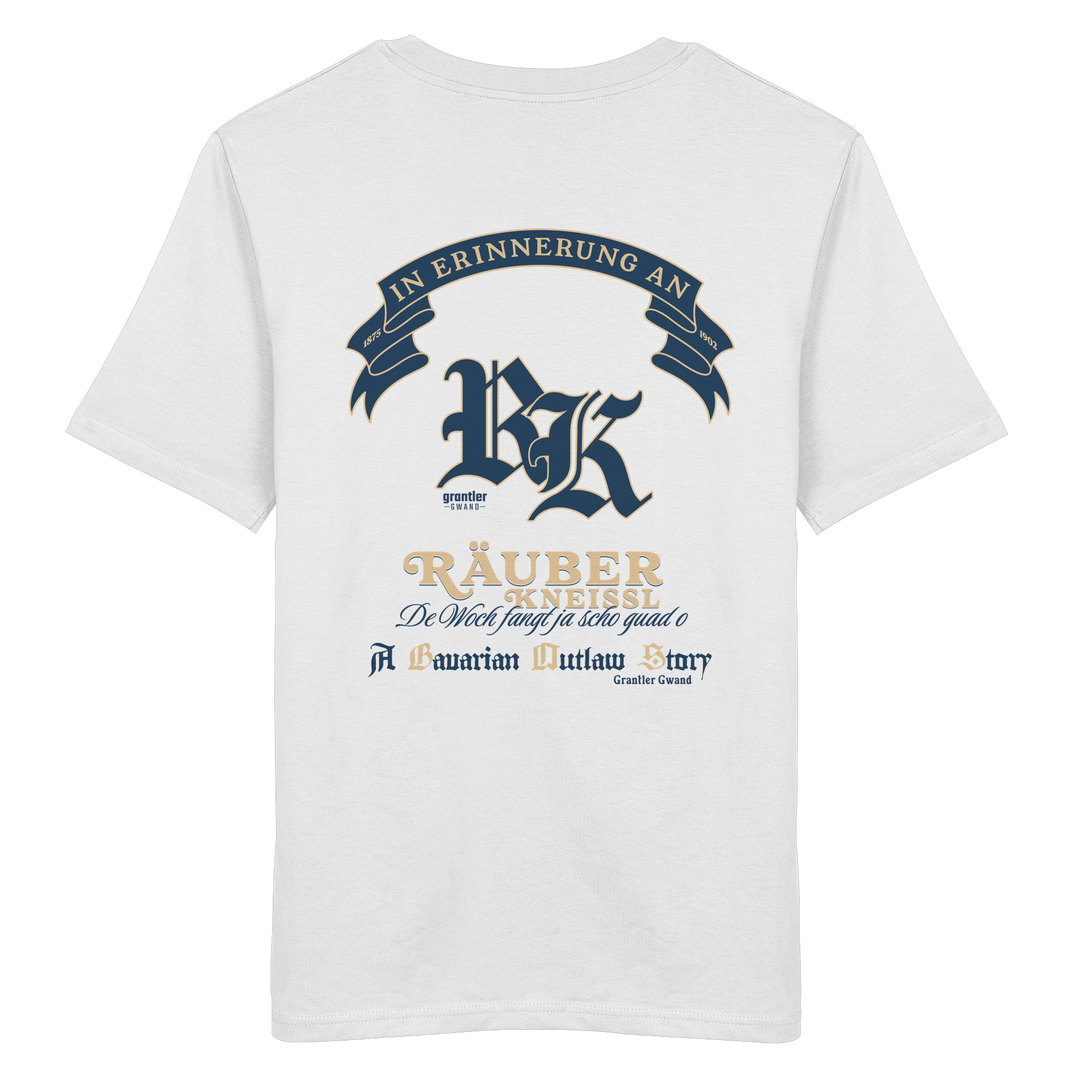 Weißes T-Shirt mit großem „Räuber Kneißl“-Backprint in Blau und Beige sowie historischen Schriftzügen im modernen Streetwear-Design.