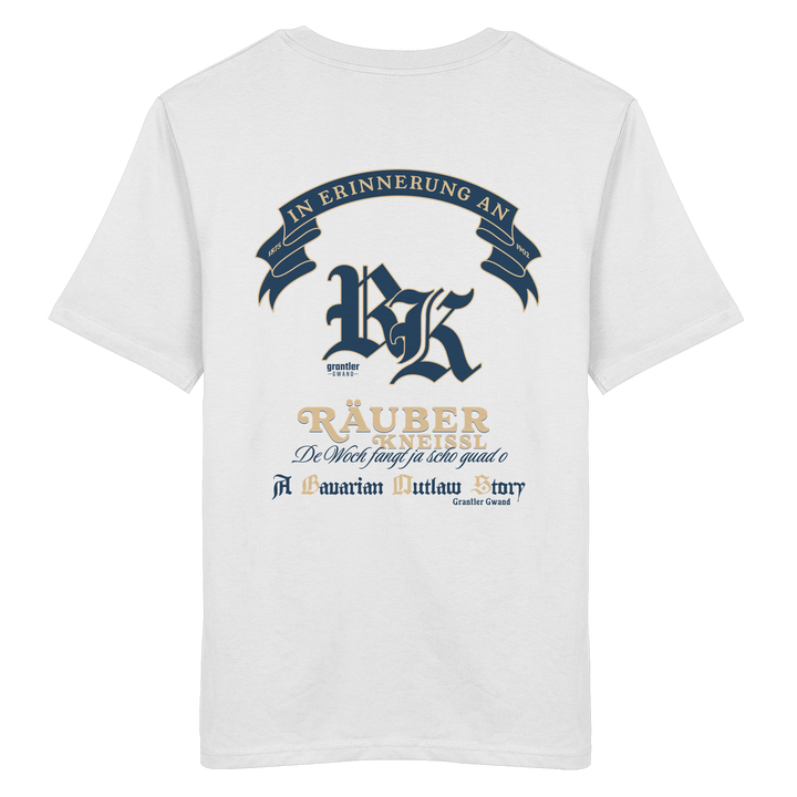 Weißes T-Shirt mit großem „Räuber Kneißl“-Backprint in Blau und Beige sowie historischen Schriftzügen im modernen Streetwear-Design.