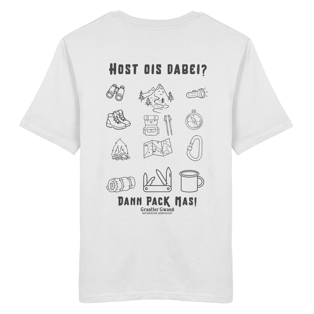 Weißes T-Shirt mit Backprint „Host ois dabei“ – bayerisches Outdoor-Shirt mit Wander-, Camping- und Bergsport-Motiv für Abenteuer und Freizeit von Grantler Gwand.