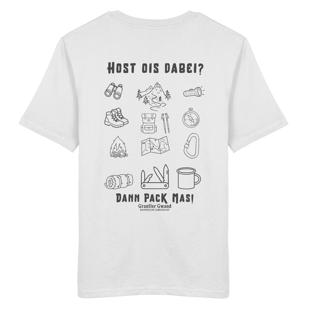 Weißes T-Shirt mit Backprint „Host ois dabei“ – bayerisches Outdoor-Shirt mit Wander-, Camping- und Bergsport-Motiv für Abenteuer und Freizeit von Grantler Gwand.