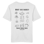 Weißes T-Shirt mit Backprint „Host ois dabei“ – bayerisches Outdoor-Shirt mit Wander-, Camping- und Bergsport-Motiv für Abenteuer und Freizeit von Grantler Gwand.