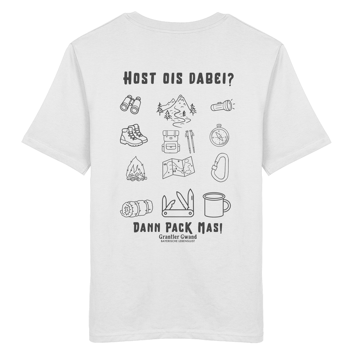 Weißes T-Shirt mit Backprint „Host ois dabei“ – bayerisches Outdoor-Shirt mit Wander-, Camping- und Bergsport-Motiv für Abenteuer und Freizeit von Grantler Gwand.