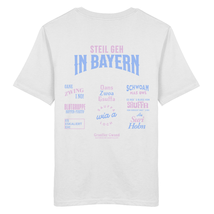 Weißes T-Shirt mit großem Backprint aus mehreren bayerischen Dialektsprüchen im modernen Typografie-Design von Grantler Gwand.