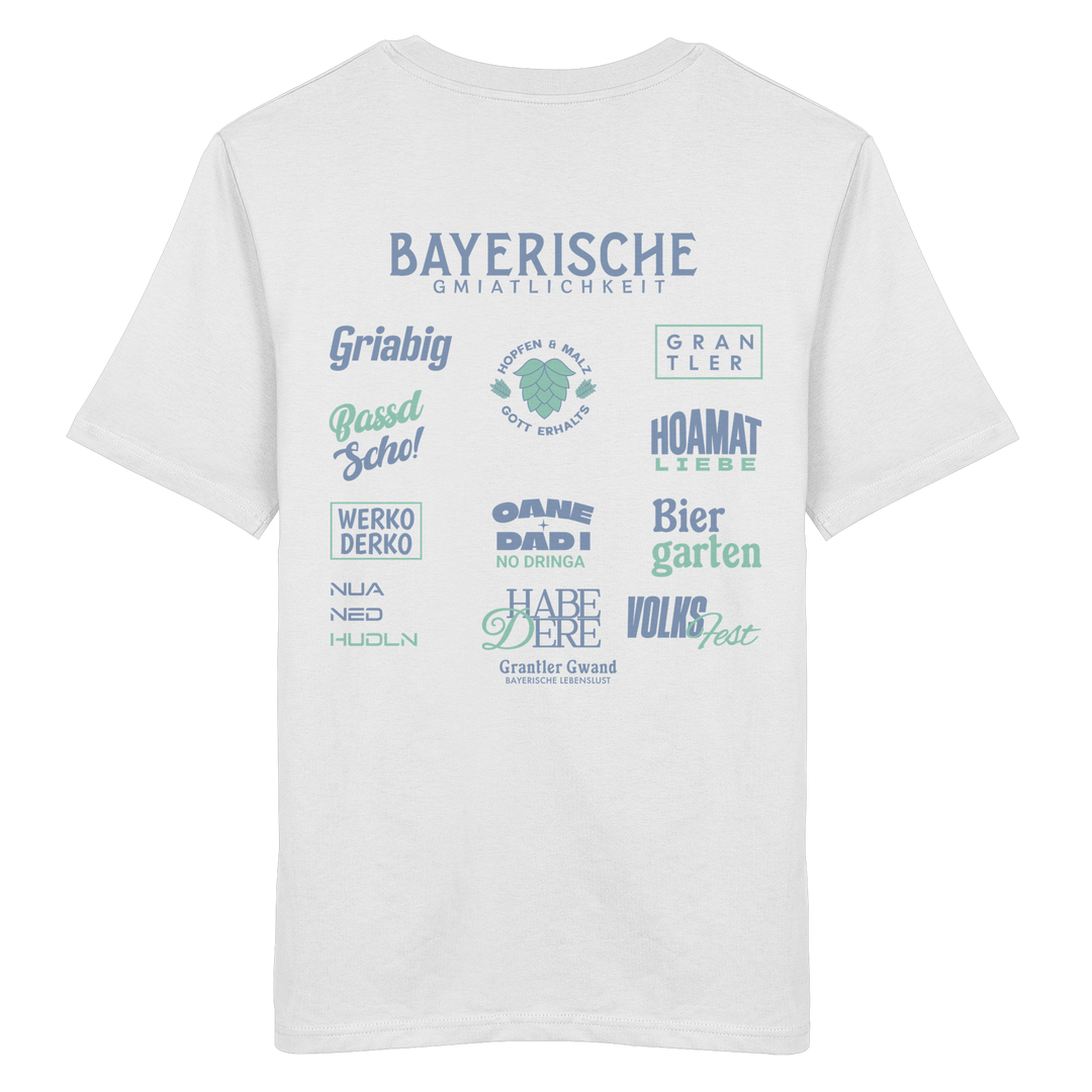 Weißes Bayerische Gmiatlichkeit Unisex T-Shirt mit großem grünem Backprint und bayerischen Begriffen wie Hoamatliebe, Biergarten, Volksfest, Grantler, Hopfen & Malz und Griabig. Unisex T-Shirt aus 100 % ringgesponnener Baumwolle im modernen Streetwear-Look. Designed und bedruckt in Bayern von Grantler Gwand.