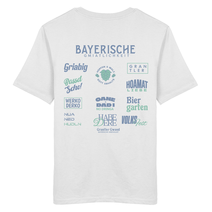Weißes Bayerische Gmiatlichkeit Unisex T-Shirt mit großem grünem Backprint und bayerischen Begriffen wie Hoamatliebe, Biergarten, Volksfest, Grantler, Hopfen &amp; Malz und Griabig. Unisex T-Shirt aus 100 % ringgesponnener Baumwolle im modernen Streetwear-Look. Designed und bedruckt in Bayern von Grantler Gwand.