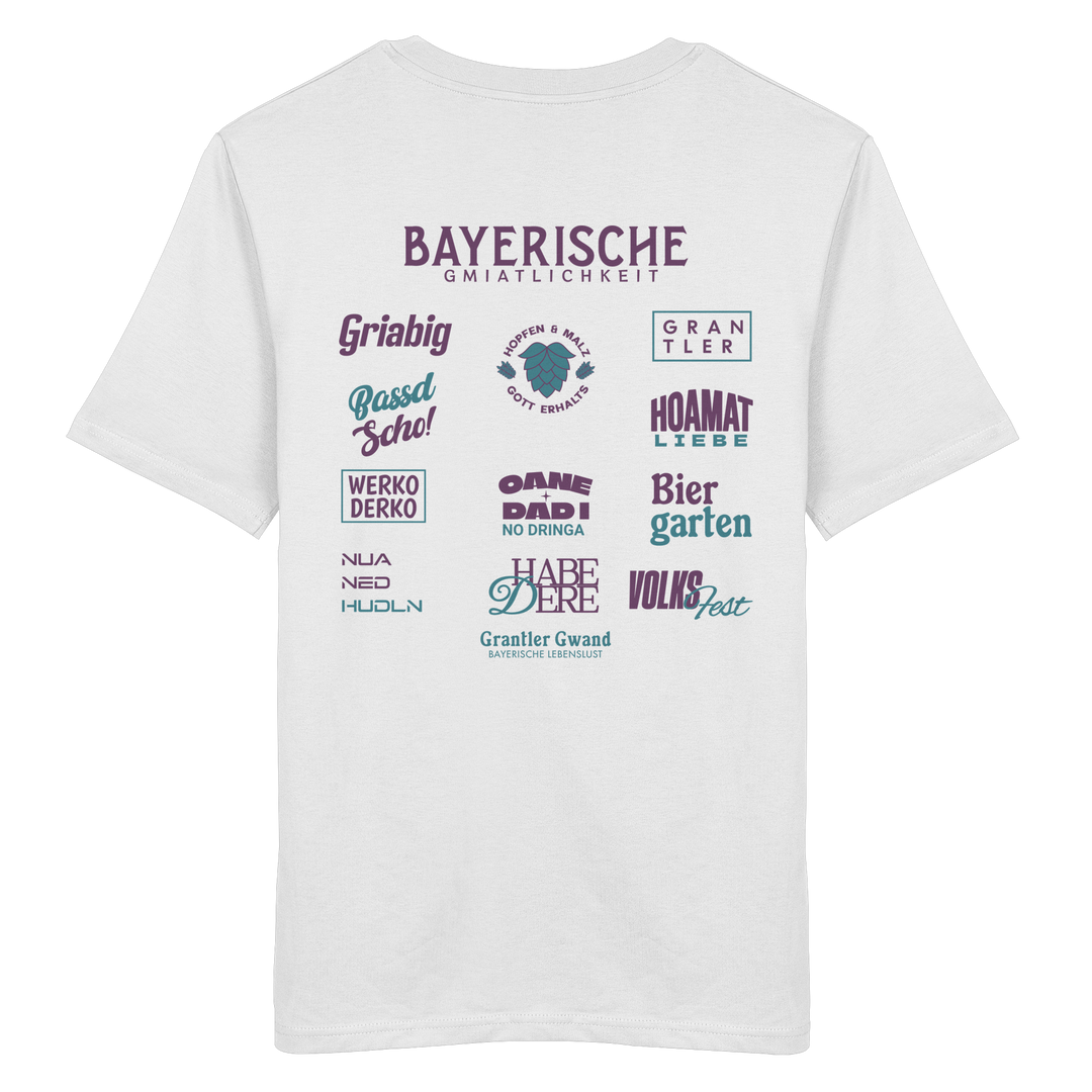 Weißes Unisex T-Shirt mit großem lila Backprint „Bayerische Gmiatlichkeit“ und typischen bayerischen Begriffen wie Hoamatliebe, Biergarten, Volksfest, Grantler, Hopfen & Malz und Griabig. Unisex Premium-T-Shirt aus ringgesponnener Baumwolle im modernen Streetwear-Style. Designed und bedruckt in Bayern von Grantler Gwand.