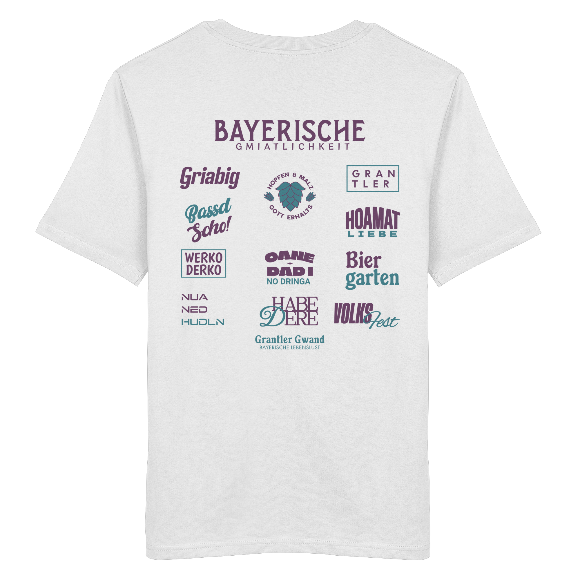 Bayerische Gmiatlichkeit - lila Variante - Backprint - T-Shirt