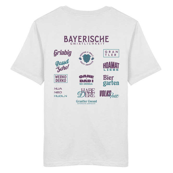 Weißes Unisex T-Shirt mit großem lila Backprint „Bayerische Gmiatlichkeit“ und typischen bayerischen Begriffen wie Hoamatliebe, Biergarten, Volksfest, Grantler, Hopfen &amp; Malz und Griabig. Unisex Premium-T-Shirt aus ringgesponnener Baumwolle im modernen Streetwear-Style. Designed und bedruckt in Bayern von Grantler Gwand.