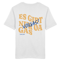 Weißes unisex Shirt mit großem Backprint und dem bayerischen Spruch „Es gibt nur oa Gas“ im modernen Typografie-Design von Grantler Gwand.
