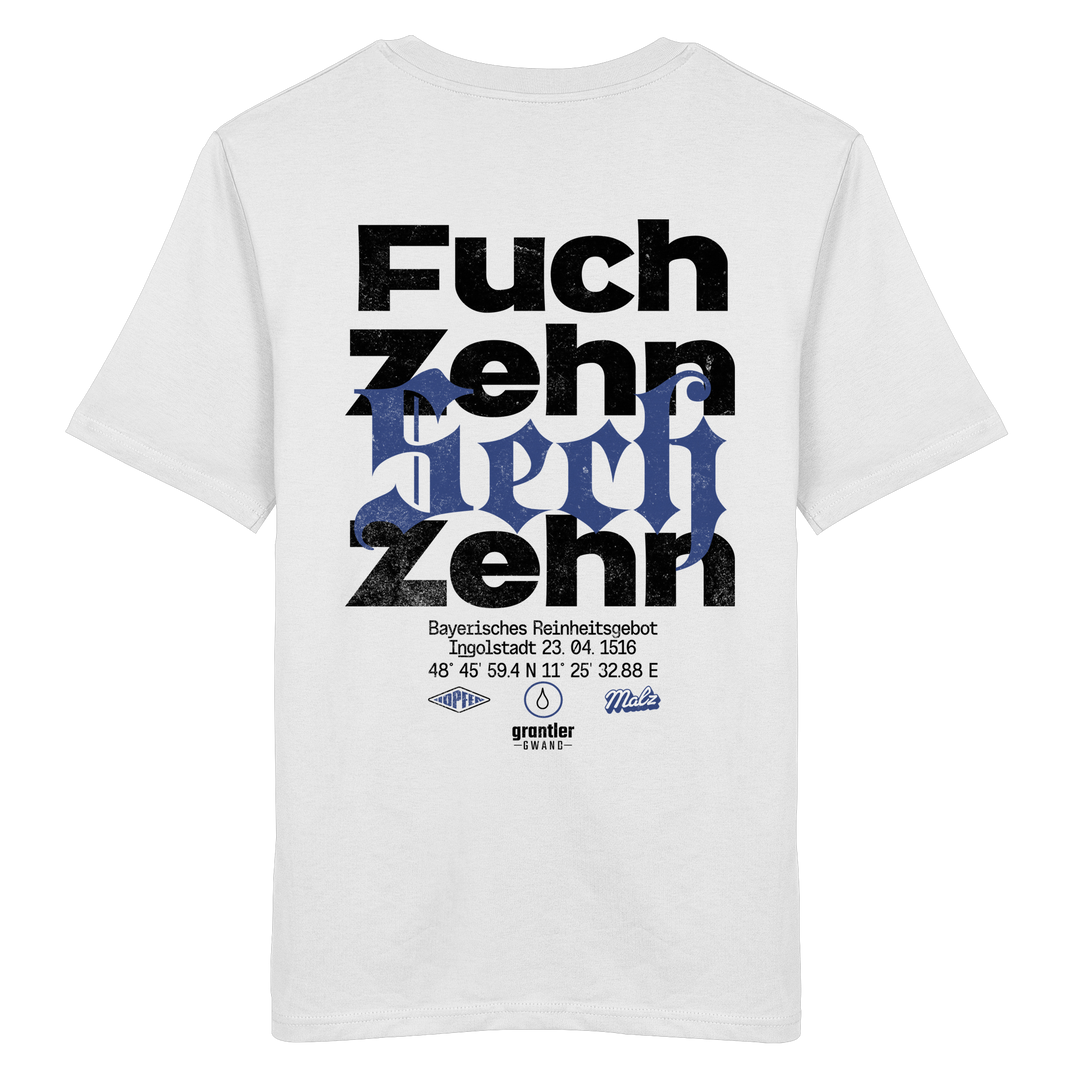 Weißes T-Shirt mit großem „Fuchzehn Sechzehn“-Backprint in Schwarz und Blau, inspiriert vom Bayerischen Reinheitsgebot von 1516.