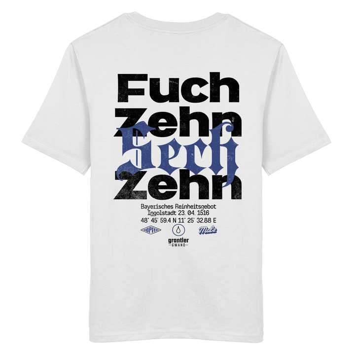 Weißes T-Shirt mit großem „Fuchzehn Sechzehn“-Backprint in Schwarz und Blau, inspiriert vom Bayerischen Reinheitsgebot von 1516.
