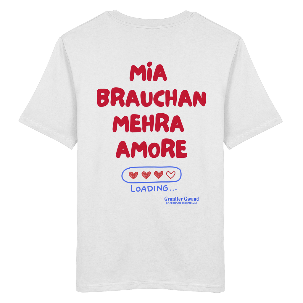 Weißes Shirt mit großem Backprint "Mia brauchan mehra Amore" und Herz-Ladebalken im bayerischen Streetwear-Design von Grantler Gwand.