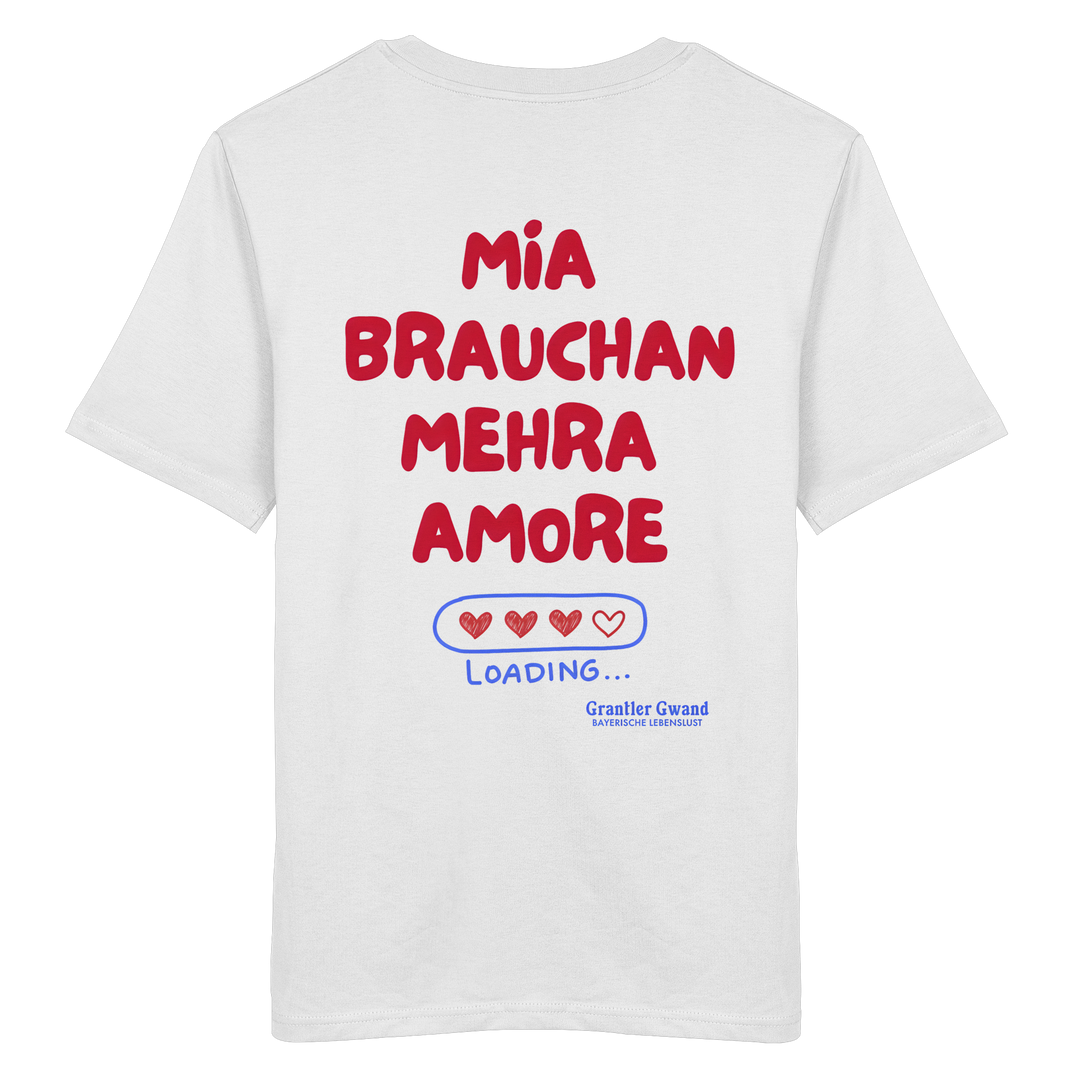 Weißes Shirt mit großem Backprint "Mia brauchan mehra Amore" und Herz-Ladebalken im bayerischen Streetwear-Design von Grantler Gwand.