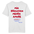 Weißes Shirt mit großem Backprint "Mia brauchan mehra Amore" und Herz-Ladebalken im bayerischen Streetwear-Design von Grantler Gwand.