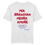 Weißes Shirt mit großem Backprint "Mia brauchan mehra Amore" und Herz-Ladebalken im bayerischen Streetwear-Design von Grantler Gwand.
