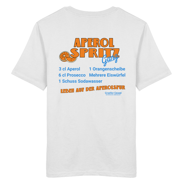 Weißes Unisex T-Shirt mit großem Aperol Spritz Gang Backprint im Retro-Design mit Cocktail-Rezept. Hochwertiges Premium-Shirt für Sommer, Biergarten, Festival, Urlaub und moderne Streetwear. Designed und bedruckt in Bayern von Grantler Gwand.