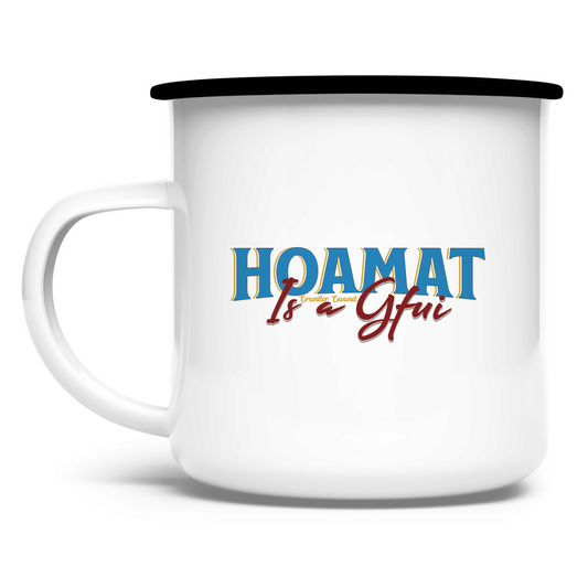 Emaille Tasse Hoamat is a Gfui - blau/rot