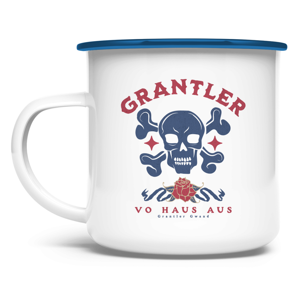 Bayerische Emaille Tasse Grantler vo Haus aus - rot/blau - Grantler Gwand
