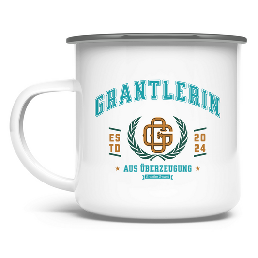 Emaille Tasse Grantlerin aus Überzeugung - mint/gold