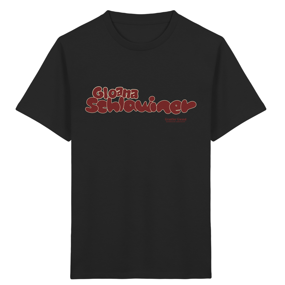 Schwarzes Kinder T-Shirt mit Retro-Schriftzug „Gloana Schlawiner“ auf der Vorderseite.