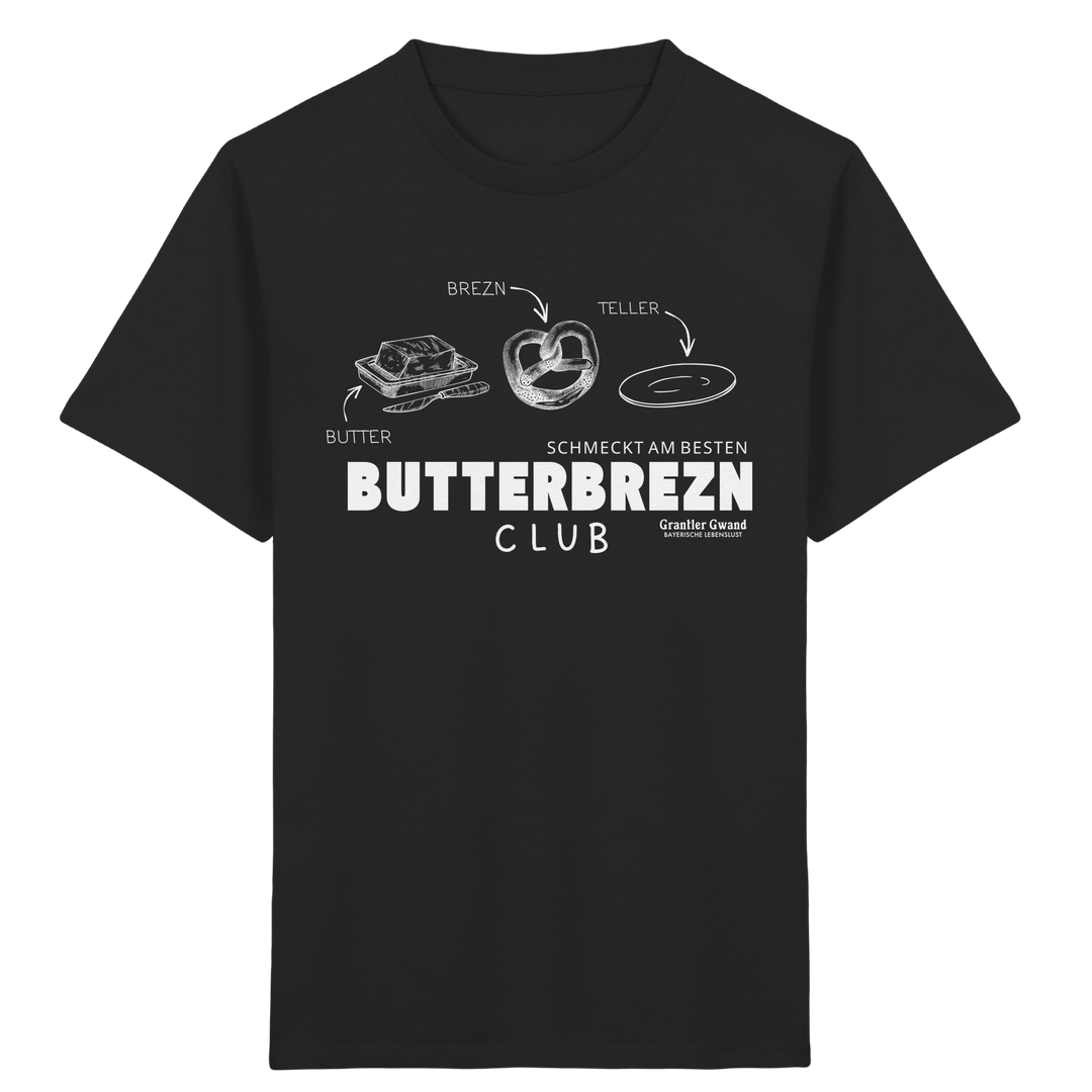 Schwarzes Kinder-T-Shirt mit weißem Frontprint „Butterbrezn Club“. Bayerisches Kinder-Shirt mit liebevollem Brezn-Motiv für Kindergarten, Spielplatz und Alltag. Weiche Baumwolle, designed und bedruckt in Bayern von Grantler Gwand.