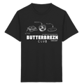 Schwarzes Kinder-T-Shirt mit weißem Frontprint „Butterbrezn Club“. Bayerisches Kinder-Shirt mit liebevollem Brezn-Motiv für Kindergarten, Spielplatz und Alltag. Weiche Baumwolle, designed und bedruckt in Bayern von Grantler Gwand.