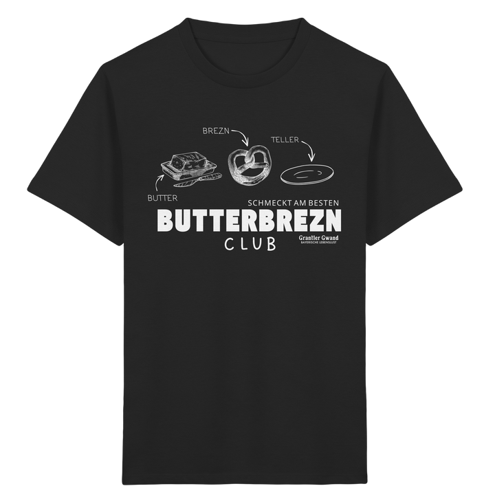Schwarzes Kinder-T-Shirt mit weißem Frontprint „Butterbrezn Club“. Bayerisches Kinder-Shirt mit liebevollem Brezn-Motiv für Kindergarten, Spielplatz und Alltag. Weiche Baumwolle, designed und bedruckt in Bayern von Grantler Gwand.