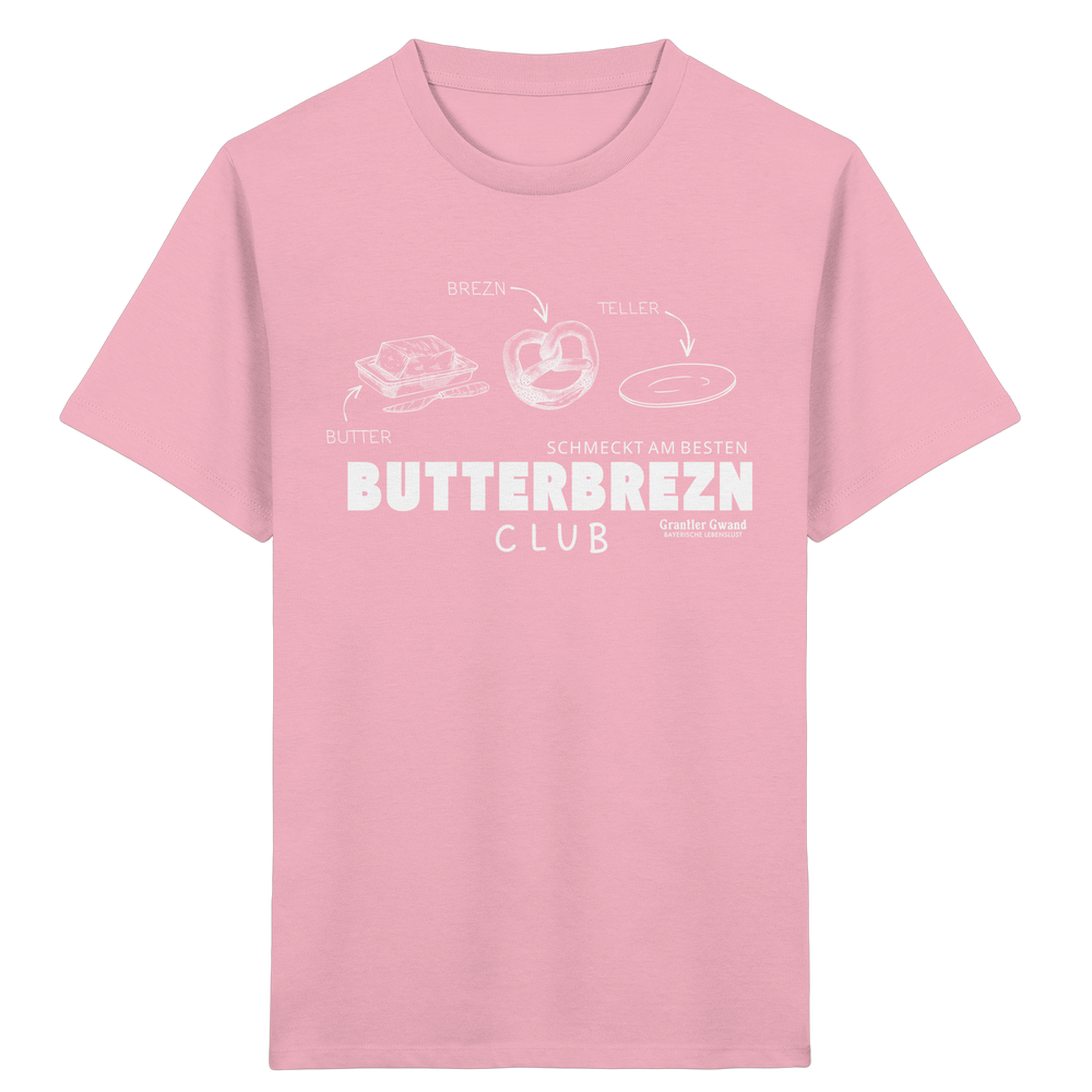 Pinkes Kinder-T-Shirt mit weißem Frontprint „Butterbrezn Club“. Bayerisches Kinder-Shirt mit liebevollem Brezn-Motiv für Kindergarten, Spielplatz und Alltag. Weiche Baumwolle, designed und bedruckt in Bayern von Grantler Gwand.