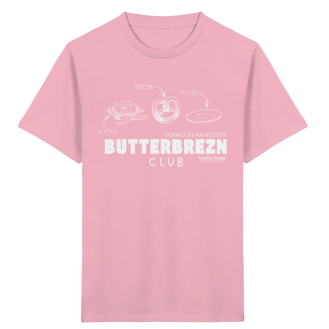 Pinkes Kinder-T-Shirt mit weißem Frontprint „Butterbrezn Club“. Bayerisches Kinder-Shirt mit liebevollem Brezn-Motiv für Kindergarten, Spielplatz und Alltag. Weiche Baumwolle, designed und bedruckt in Bayern von Grantler Gwand.