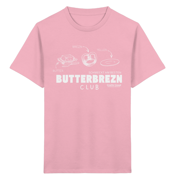 Pinkes Kinder-T-Shirt mit weißem Frontprint „Butterbrezn Club“. Bayerisches Kinder-Shirt mit liebevollem Brezn-Motiv für Kindergarten, Spielplatz und Alltag. Weiche Baumwolle, designed und bedruckt in Bayern von Grantler Gwand.