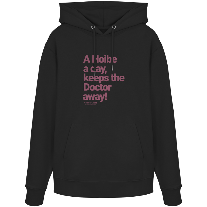 Schwarzer Unisex Hoodie mit rotem typografischem Frontprint im minimalistischen Design – hochwertiger Organic Hoodie von Grantler Gwand.