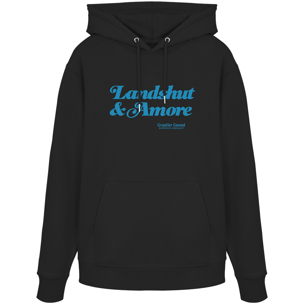 Schwarzer Unisex Hoodie mit blauem „Landshut & Amore“-Frontprint – bayerische Streetwear von Grantler Gwand im modernen, minimalistischen Look.