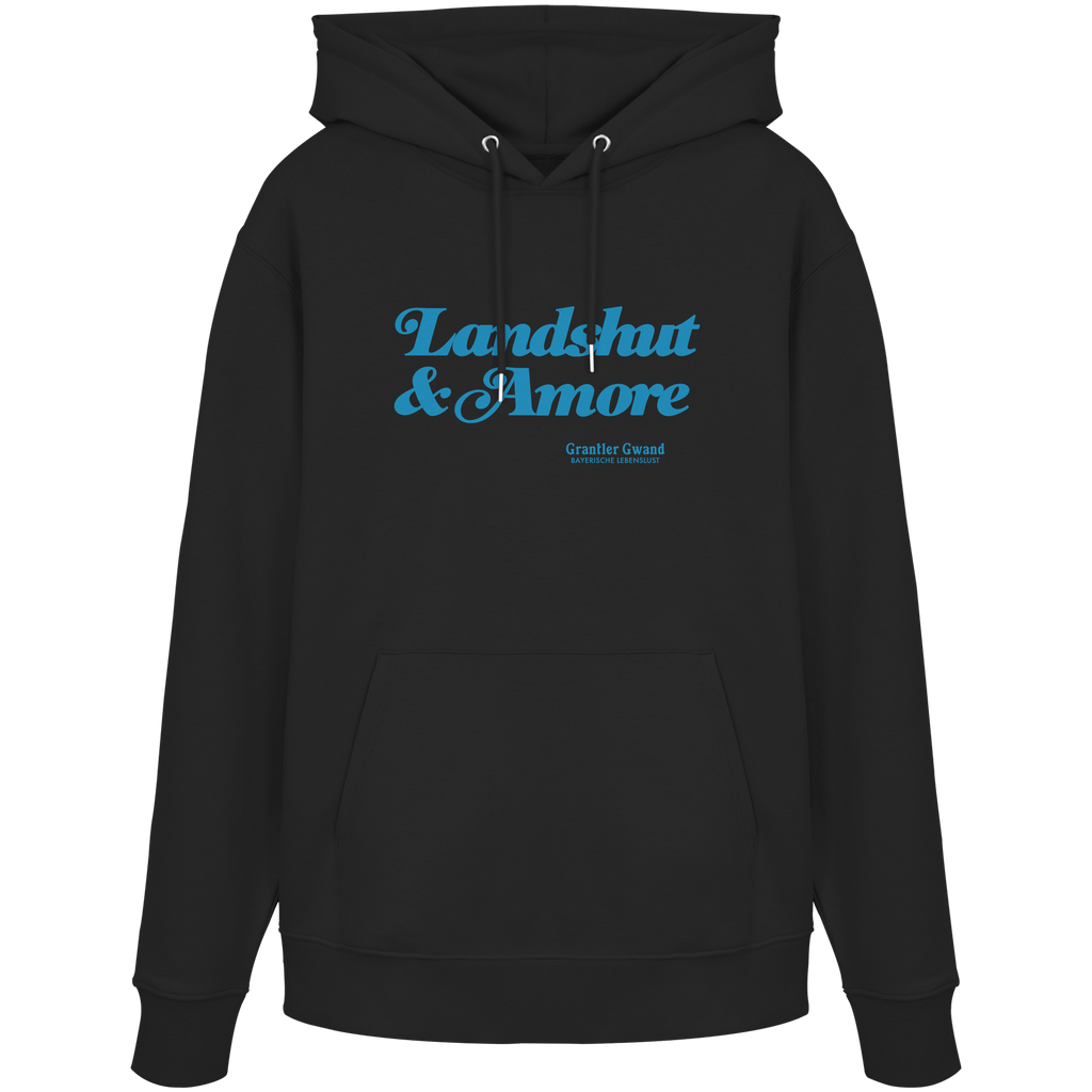 Schwarzer Unisex Hoodie mit blauem „Landshut & Amore“-Frontprint – bayerische Streetwear von Grantler Gwand im modernen, minimalistischen Look.