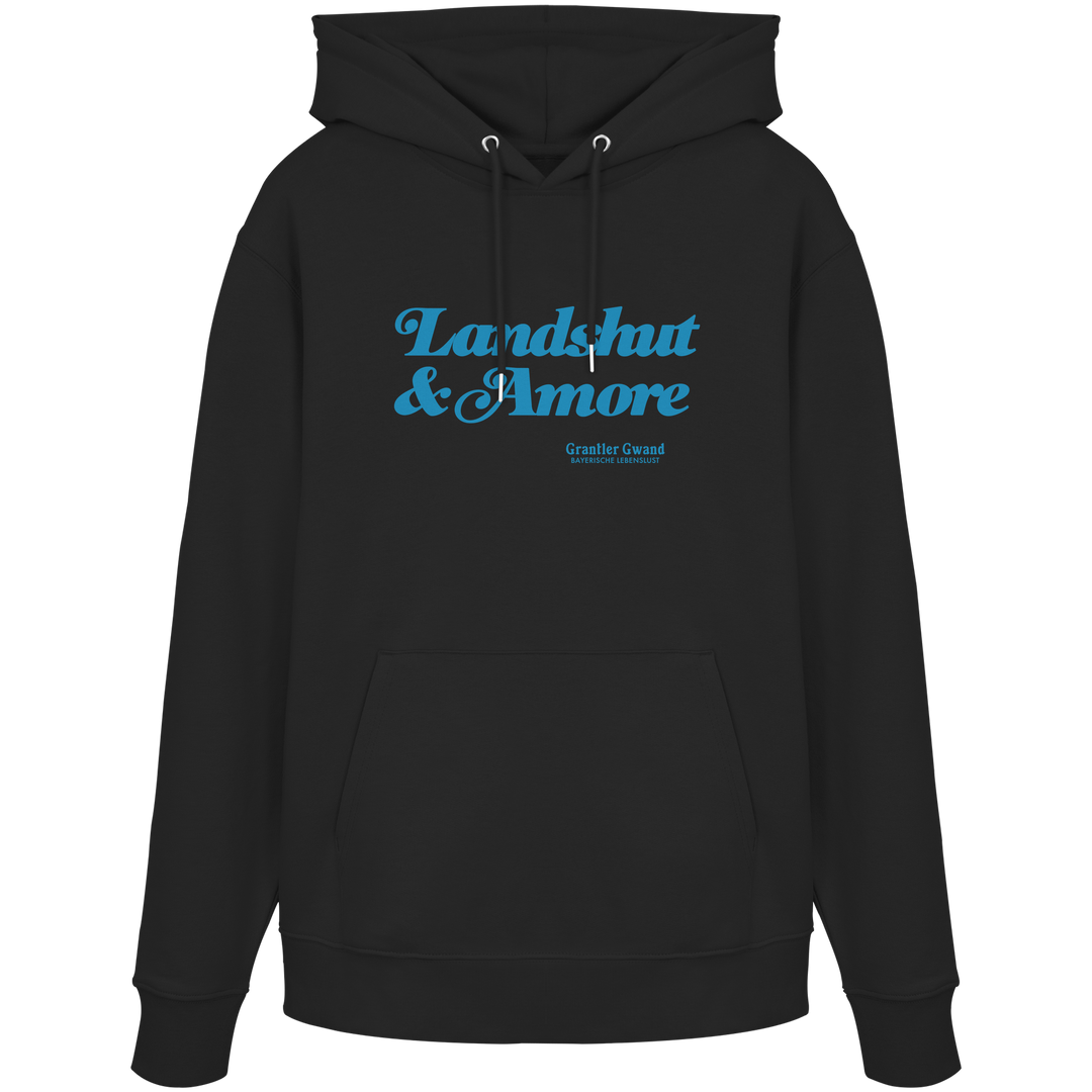 Schwarzer Unisex Hoodie mit blauem „Landshut &amp; Amore“-Frontprint – bayerische Streetwear von Grantler Gwand im modernen, minimalistischen Look.