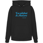 Schwarzer Unisex Hoodie mit blauem „Landshut & Amore“-Frontprint – bayerische Streetwear von Grantler Gwand im modernen, minimalistischen Look.