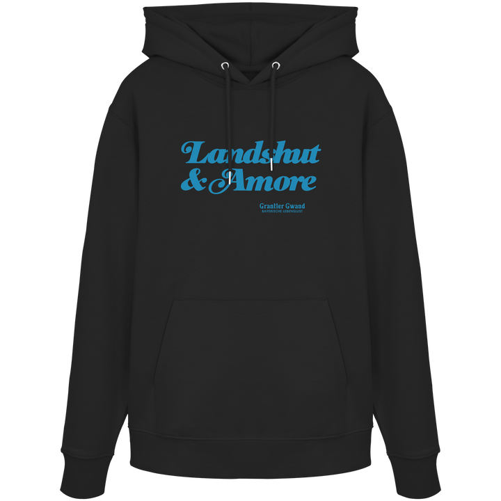 Schwarzer Unisex Hoodie mit blauem „Landshut &amp; Amore“-Frontprint – bayerische Streetwear von Grantler Gwand im modernen, minimalistischen Look.