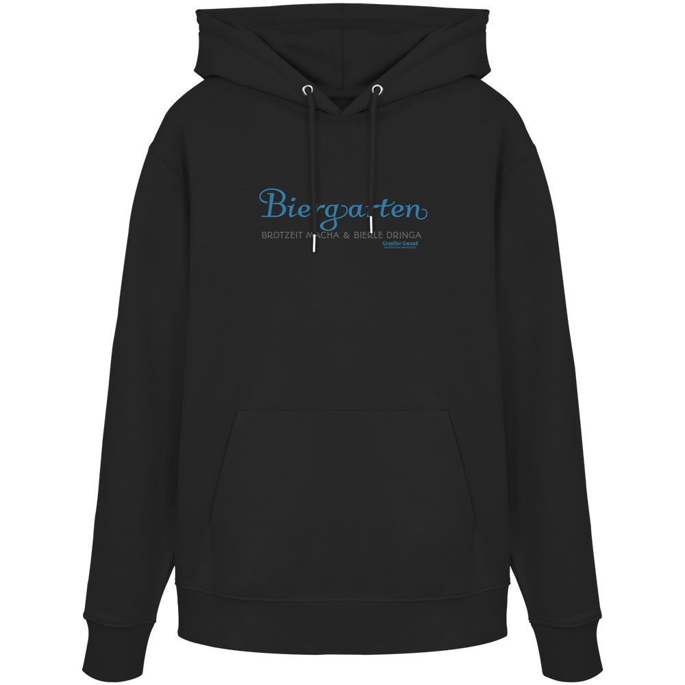 Schwarzer Unisex Hoodie mit blauem „Biergarten“-Frontprint – bayerische Streetwear von Grantler Gwand im minimalistischen Look.